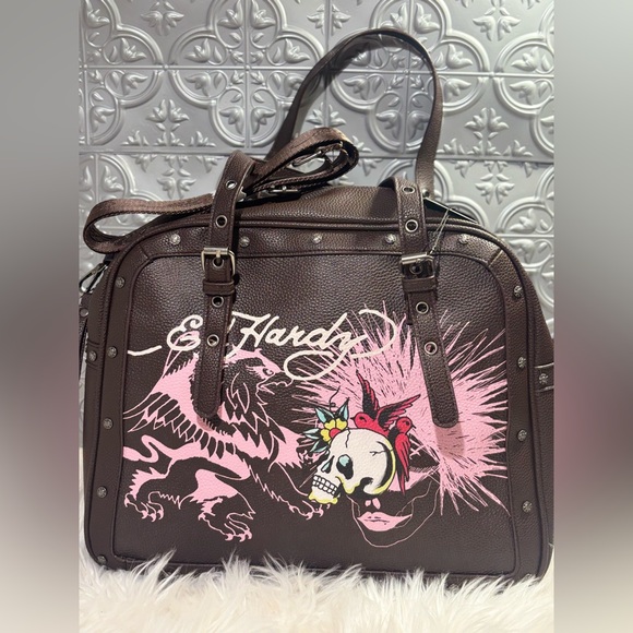 Ed Hardy nwt brown pink skull faux leather large tote weekender bag purse biker - Picture 2 of 10